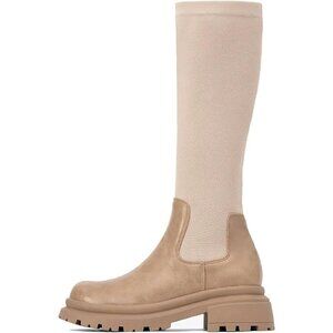 🆕 MOUSSE FIT Women’s Apricot Knee High Boots Chunky Heel Lug Sole Rubber